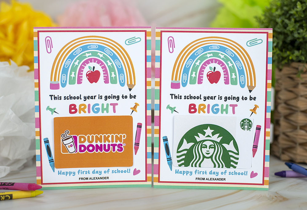 printable gift card holder, rainbow design for first day of school